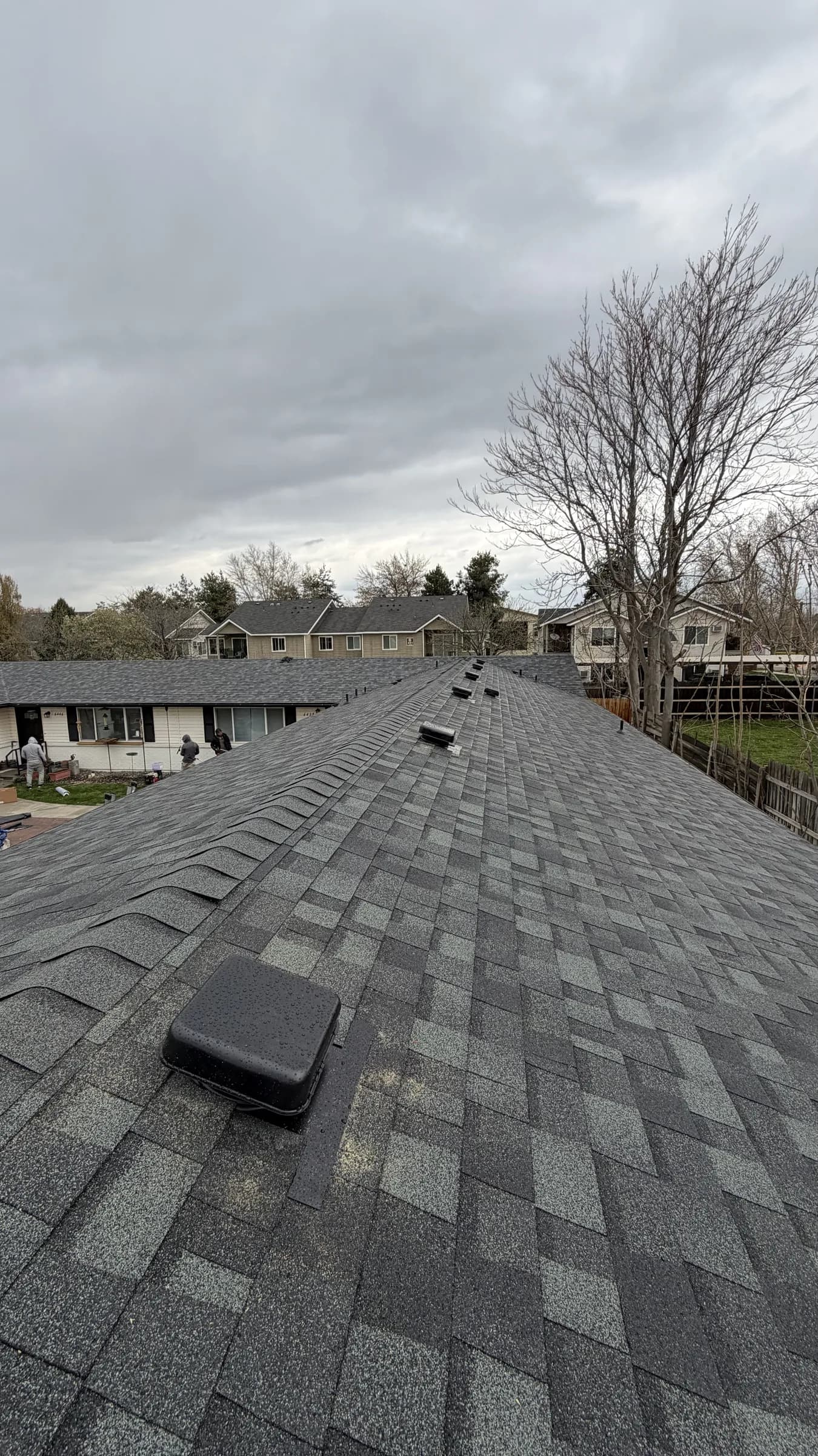 Close view of completed shingles and roof vents on a Boise multifamily building